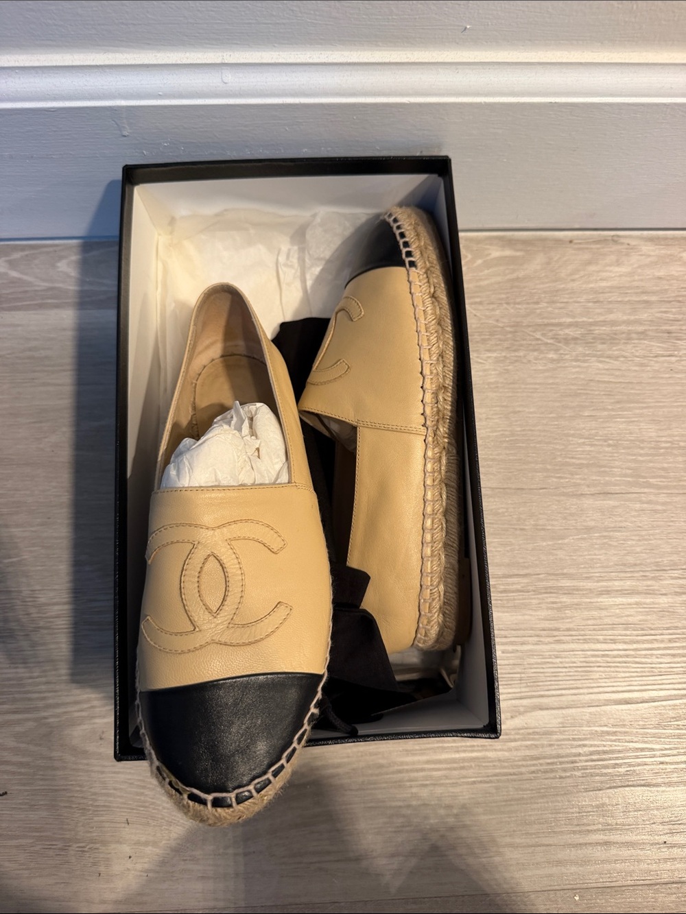 CHANEL Beige Leather Espadrilles with Black Cap Toe